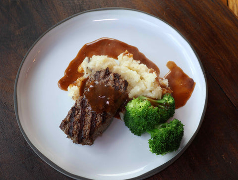 Steak Burger with Mashed Potatoes and Classic Demi Glace