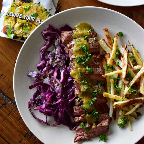 Roasted Poblano & Garlic Steak Frites and Slaw